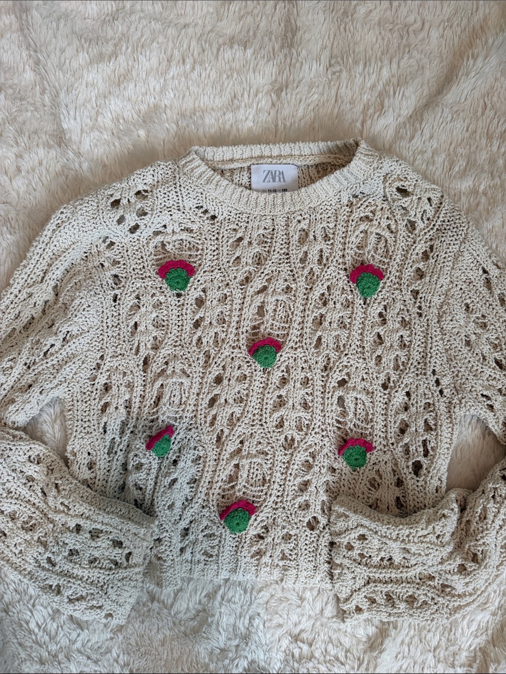ZARA Cream Open-Knit Sweater with Pink & Green Floral Embroidery